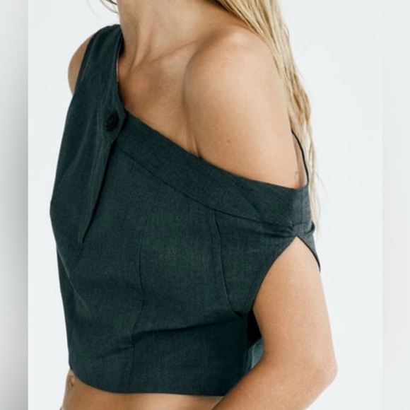 ZARA Grey One Button Asymmetric Cropped Top - Size S - NEW - Picture 3 of 4